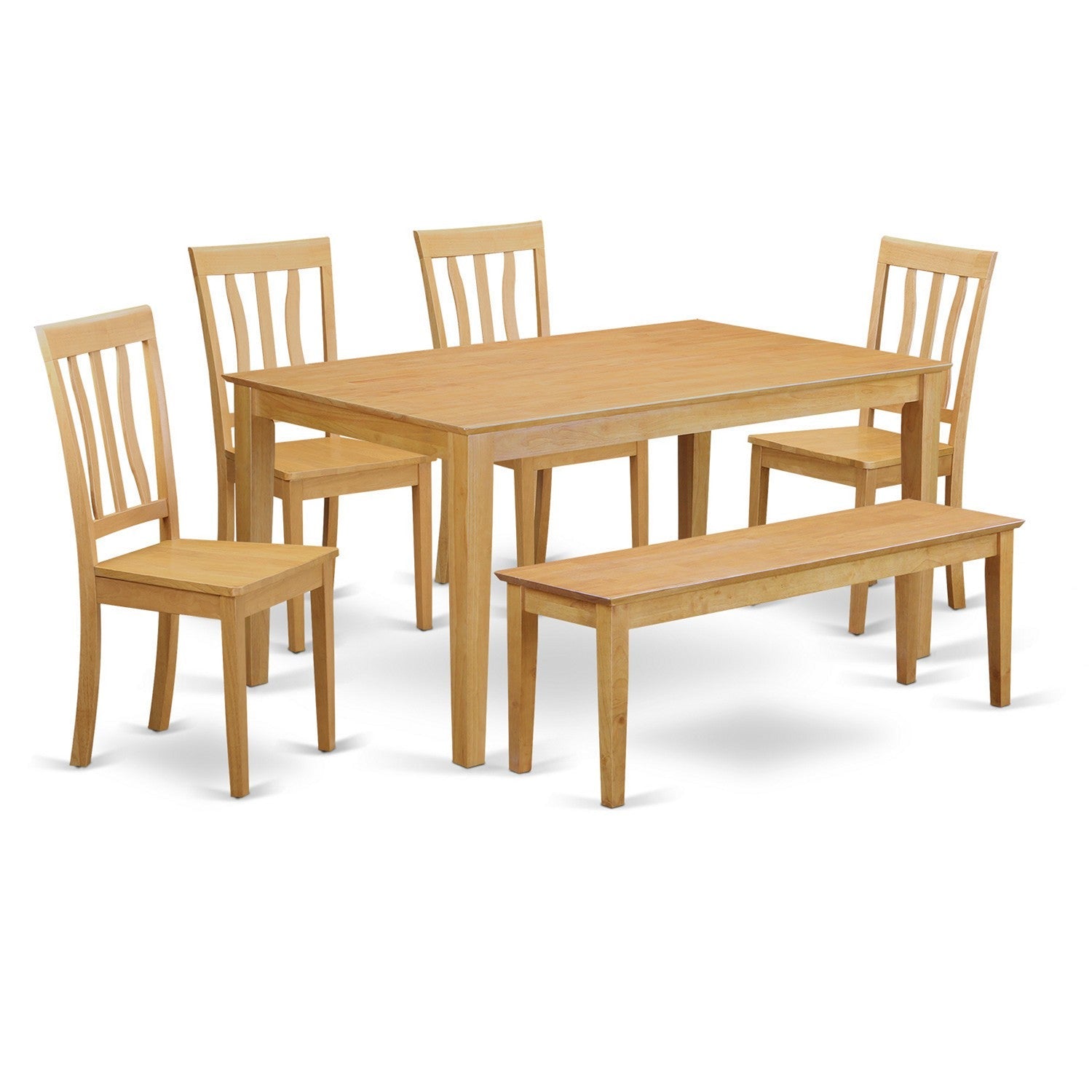 Juego de comedor de 6 piezas East West Furniture CAAN6-OAK-W. Contiene una mesa de comedor rectangular y 4 sillas de cocina con un banco.