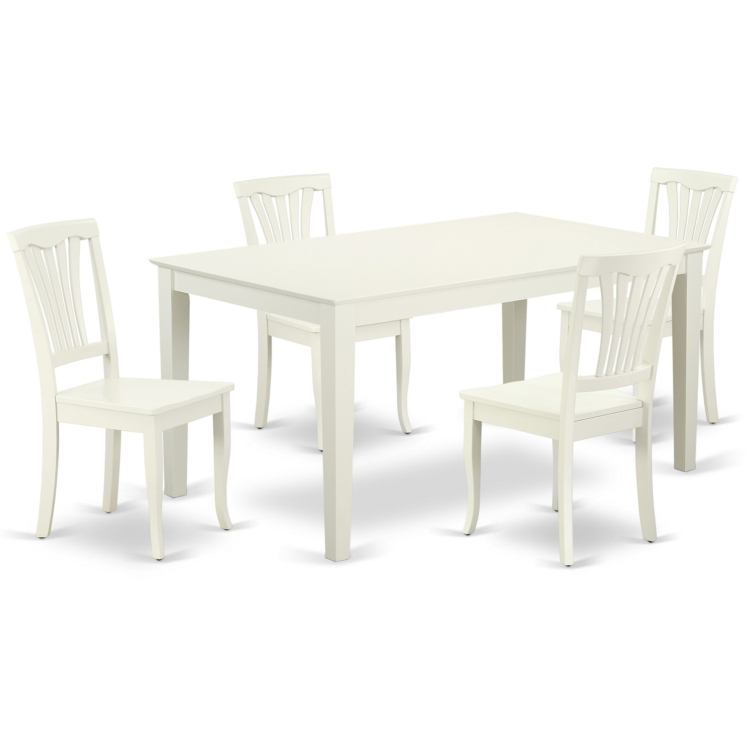 Juego de muebles de comedor de 5 piezas East West Furniture CAAV5-LWH-W. Incluye una mesa de comedor rectangular y 4 sillas con asiento de madera.