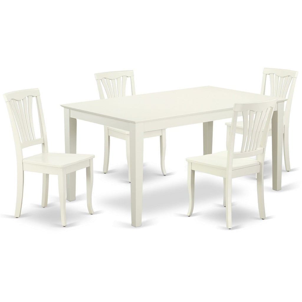 Juego de muebles de comedor de 5 piezas East West Furniture CAAV5-LWH-W. Incluye una mesa de comedor rectangular y 4 sillas con asiento de madera.