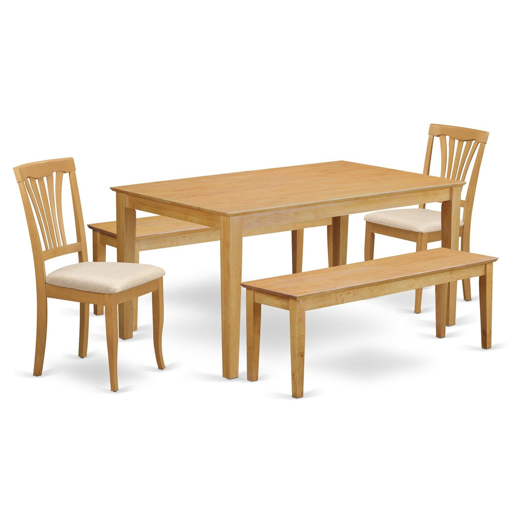 Juego de mesa y sillas de cocina de 5 piezas CAAV5C-OAK-C de East West Furniture. Incluye una mesa de comedor rectangular y 2 sillas de comedor de tela de lino con 2 bancos.
