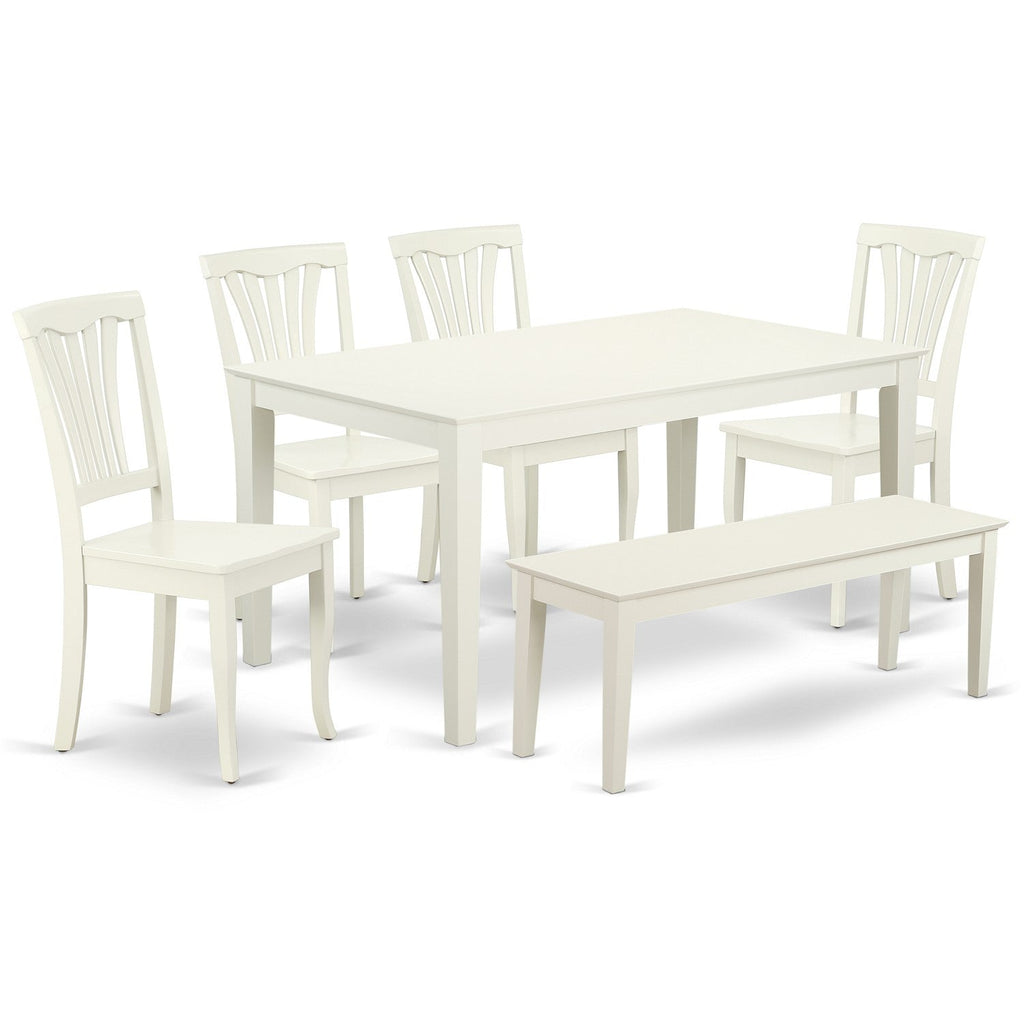 East West Furniture CAAV6-LWH-W 6 Piece Dining Table Set Contains a Rectangle Kitchen Table and 4 Dining Chairs with a Bench