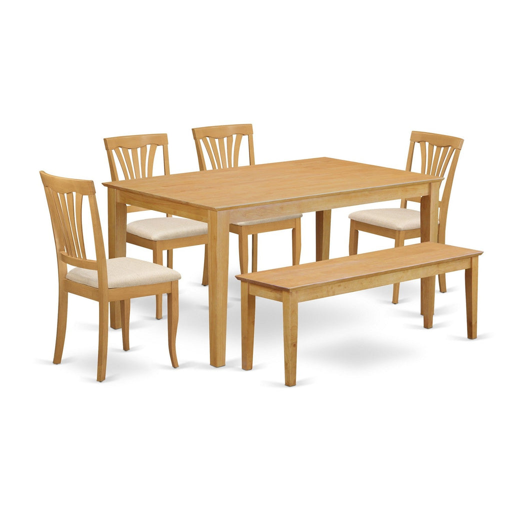 Juego de muebles de comedor de 6 piezas East West Furniture CAAV6-OAK-C. Contiene una mesa de cocina rectangular y 4 sillas de comedor de tela de lino con un banco.