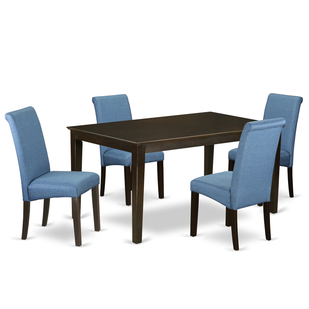 East West Furniture CABA5-CAP-21 5 Piece Kitchen Table & Chairs Set Includes a Rectangle Dining Room Table and 4 Blue Color Linen Fabric Parsons Dining Room Chairs, 36x60 Inch, Cappuccino
