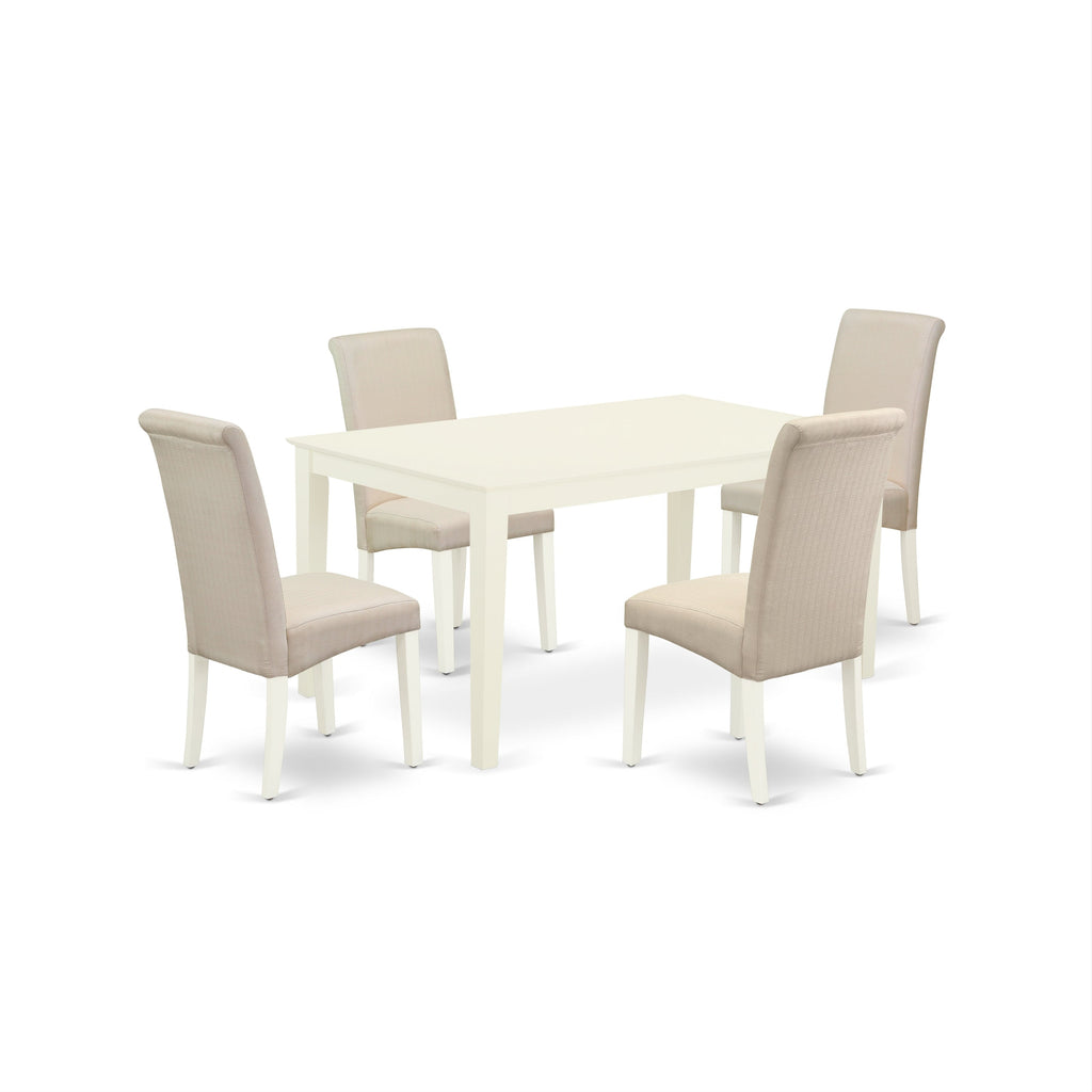 East West Furniture CABA5-LWH-01 5 Piece Dining Room Table Set Includes a Rectangle Kitchen Table and 4 Cream Linen Fabric Parson Dining Chairs