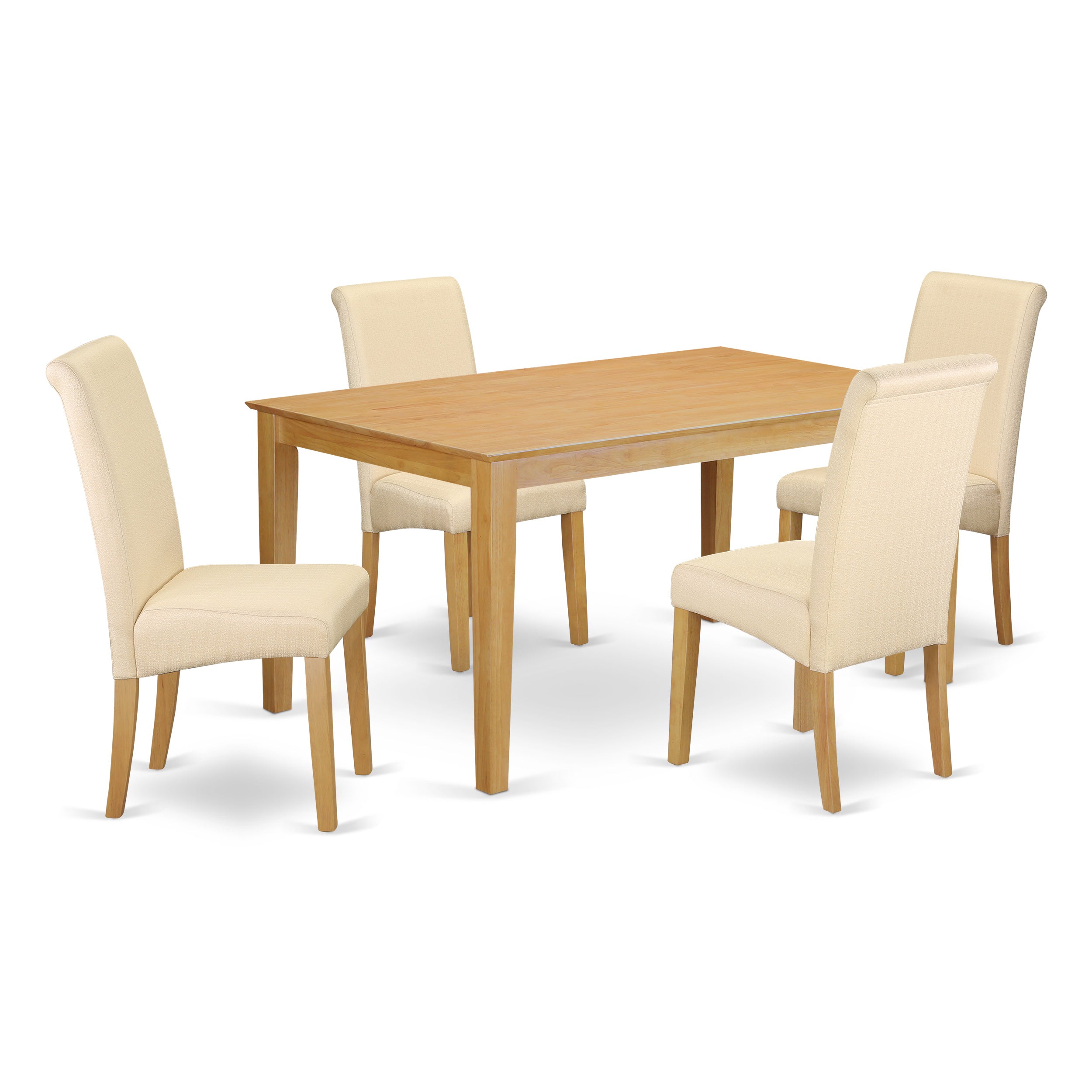 Juego de comedor de 5 piezas CABA5-OAK-02 de East West Furniture. Incluye una mesa de comedor rectangular y 4 sillas Parson tapizadas en tela de lino beige claro.