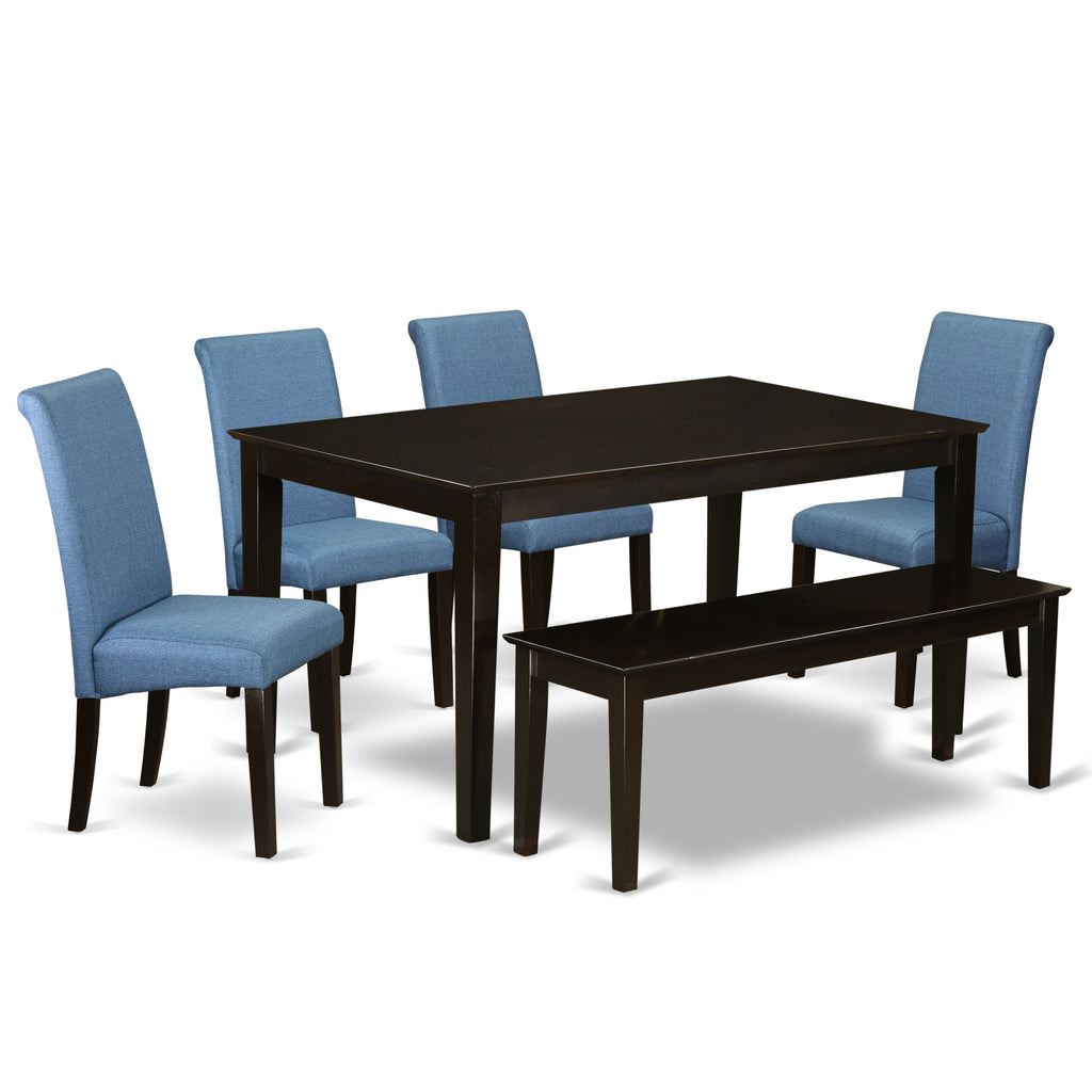 Juego de mesa de comedor moderna East West Furniture CABA6-CAP-21 de 6 piezas que contiene una mesa rectangular de madera y 4 sillas Parson de tela de lino de color azul con un banco