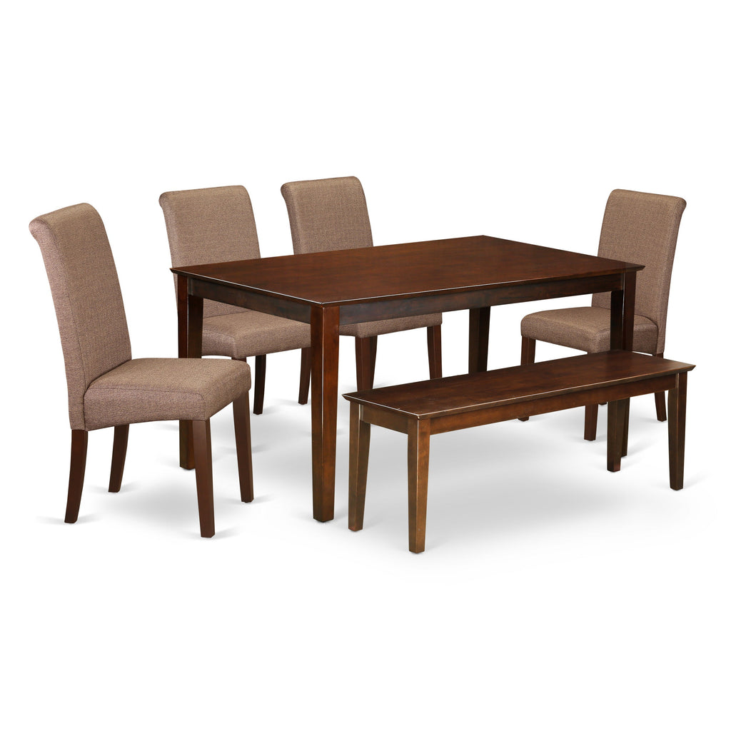 Juego de comedor de 6 piezas East West Furniture CABA6-MAH-18. Contiene una mesa de comedor rectangular y 4 sillas Parson de tela de lino marrón con un banco.