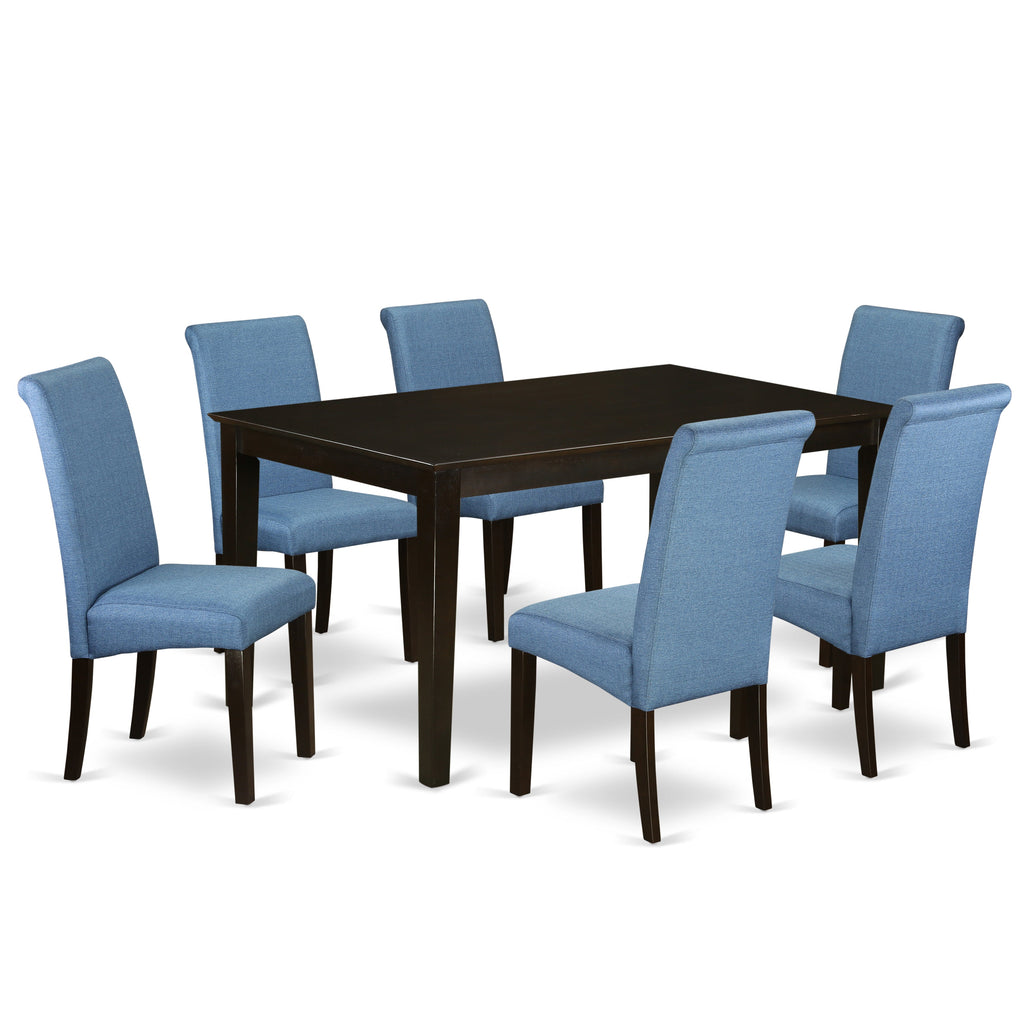 East West Furniture CABA7-CAP-21 7 Piece Dining Room Furniture Set Consist of a Rectangle Dining Table and 6 Blue Color Linen Fabric Upholstered Parson Chairs, 36x60 Inch, Cappuccino