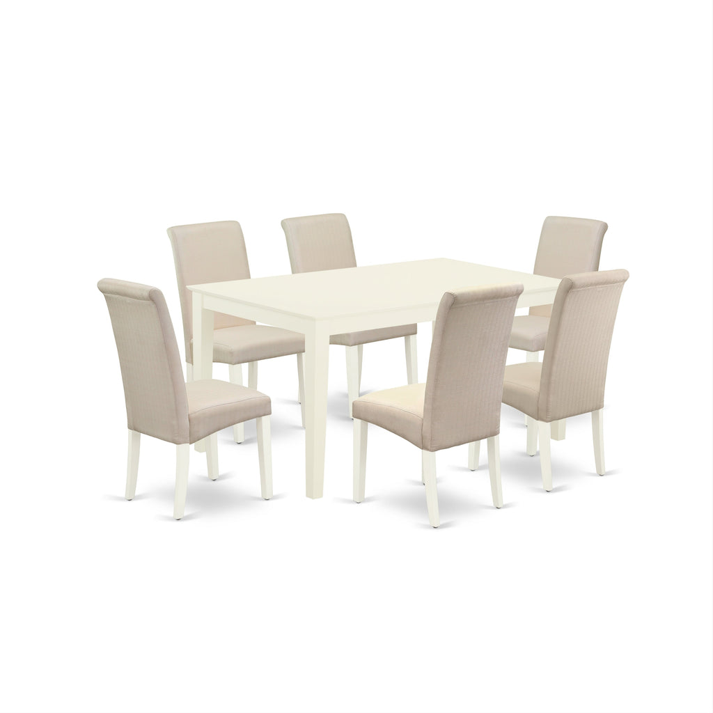 East West Furniture CABA7-LWH-01 7 Piece Dining Room Furniture Set Consist of a Rectangle Dining Table and 6 Cream Linen Fabric Upholstered Parson Chairs, 36x60 Inch, Linen White