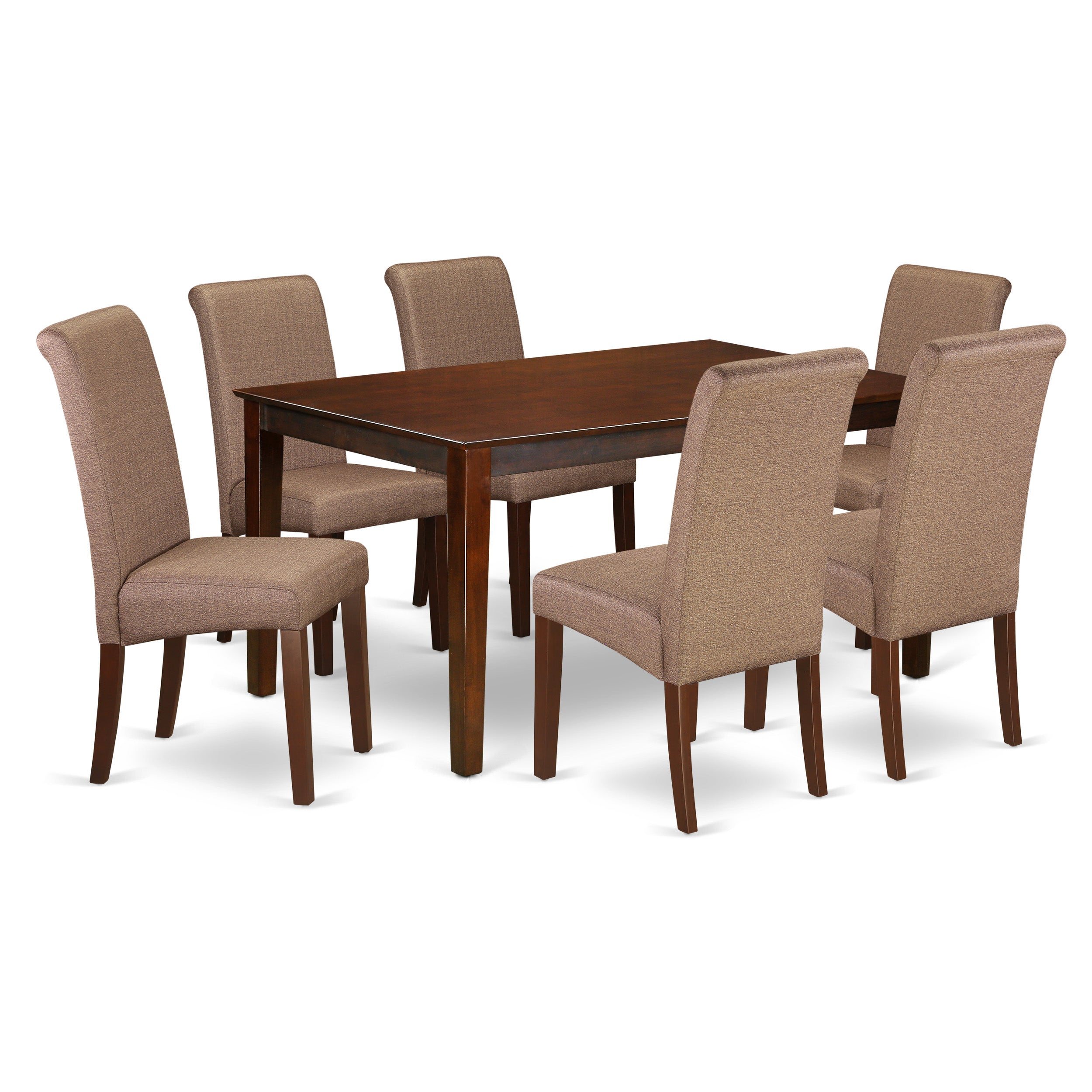 Juego de mesa de comedor East West Furniture CABA7-MAH-18 de 7 piezas compuesto por una mesa de cocina rectangular y 6 sillas de comedor Parsons de tela de lino marrón.