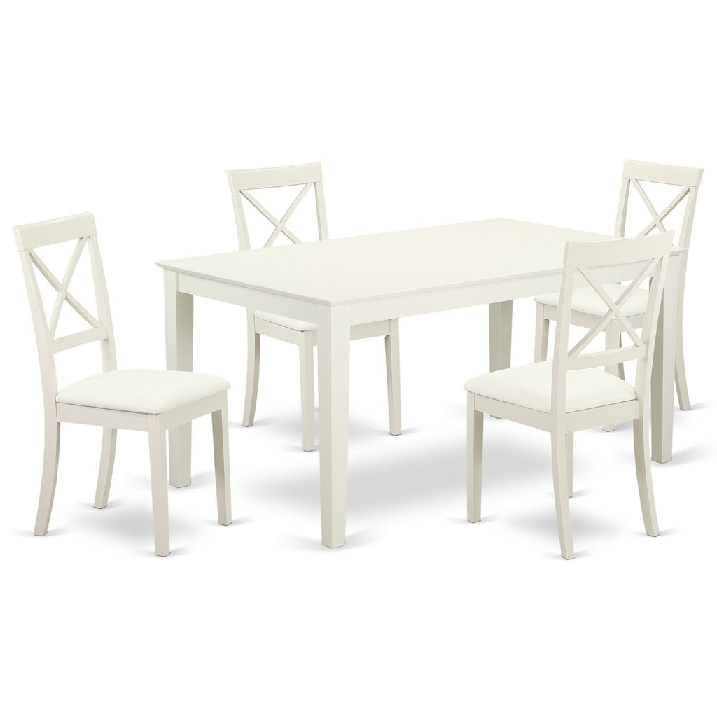 El juego de mesa de comedor moderno de 5 piezas CABO5-LWH-LC de East West Furniture incluye una mesa rectangular de madera y 4 sillas de comedor de piel sintética.