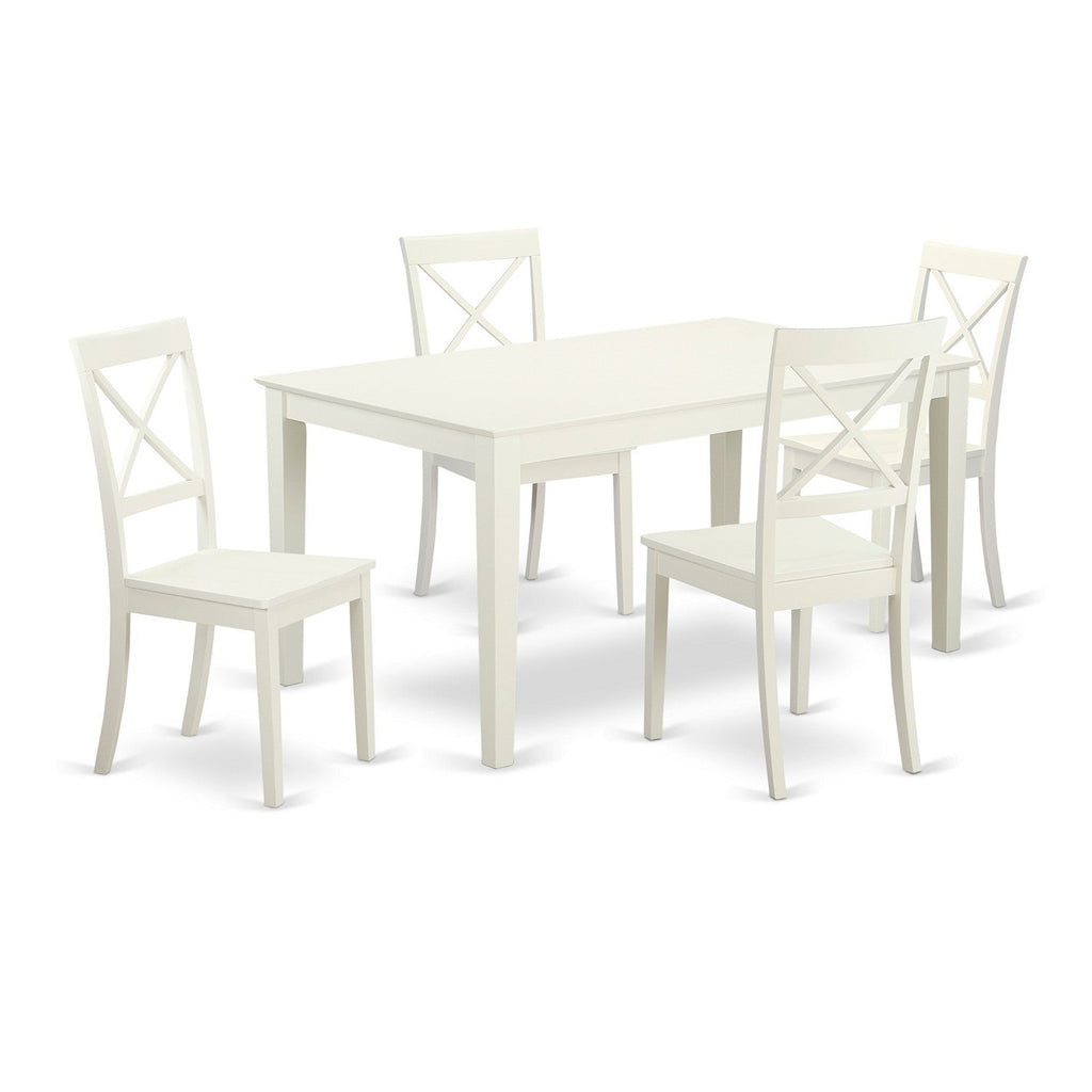 Juego de muebles de comedor de 5 piezas CABO5-LWH-W de East West Furniture. Incluye una mesa de cocina rectangular y 4 sillas de comedor.