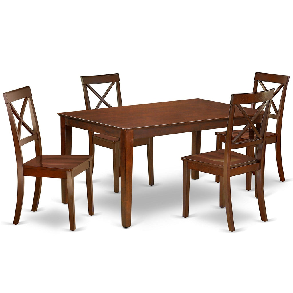 Juego de muebles de comedor de 5 piezas CABO5-MAH-W de East West Furniture. Incluye una mesa de comedor rectangular y 4 sillas con asiento de madera.