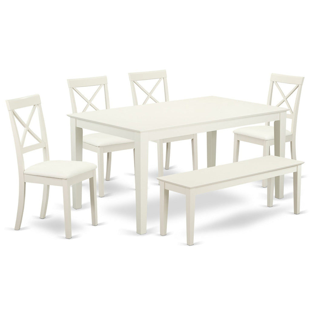 East West Furniture CABO6-LWH-LC 6 Piece Dining Table Set Contains a Rectangle Wooden Table and 4 Faux Leather Dining Room Chairs with a Bench, 36x60 Inch, Linen White