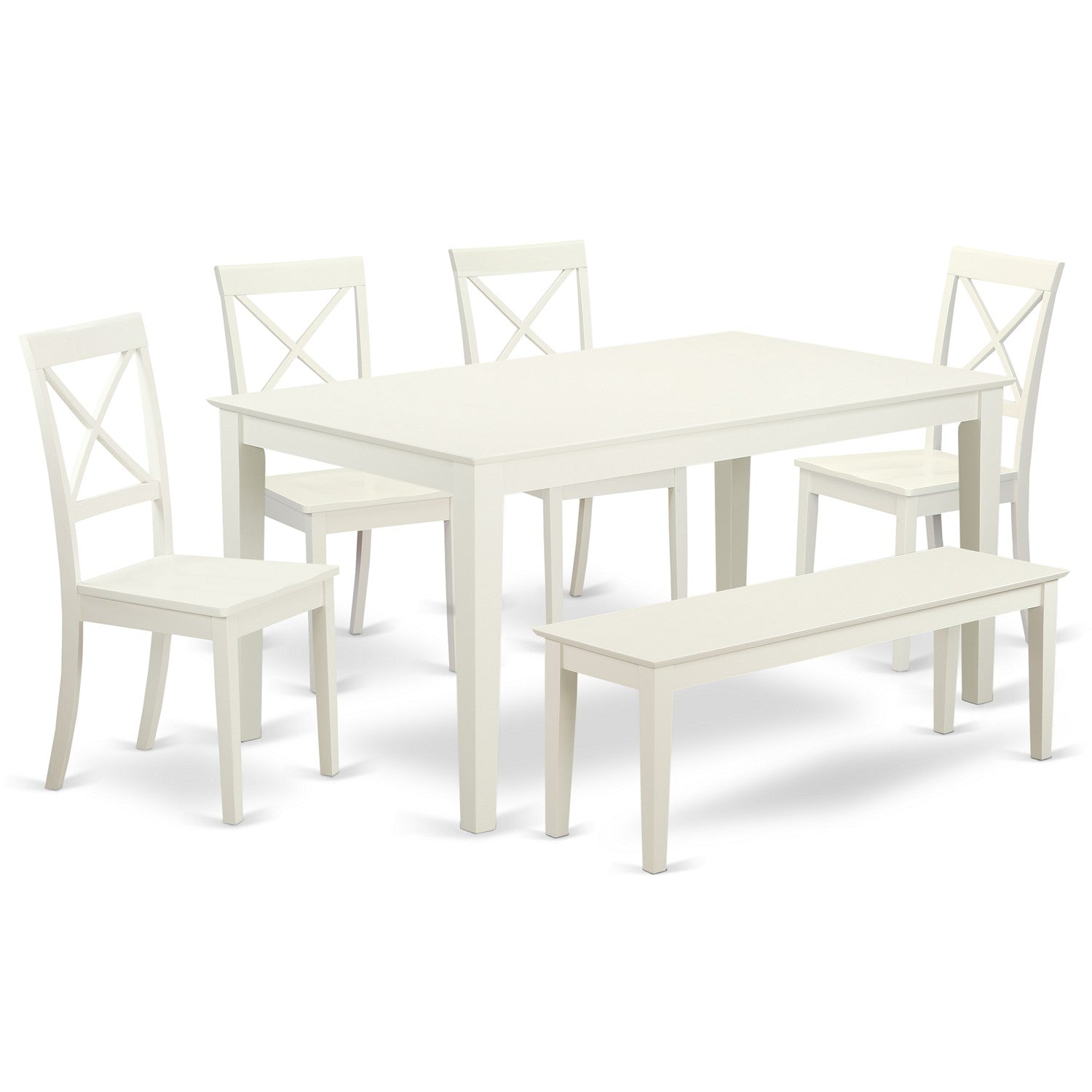 Juego de comedor de 6 piezas CABO6-LWH-W de East West Furniture. Contiene una mesa de comedor rectangular y 4 sillas de cocina con un banco.