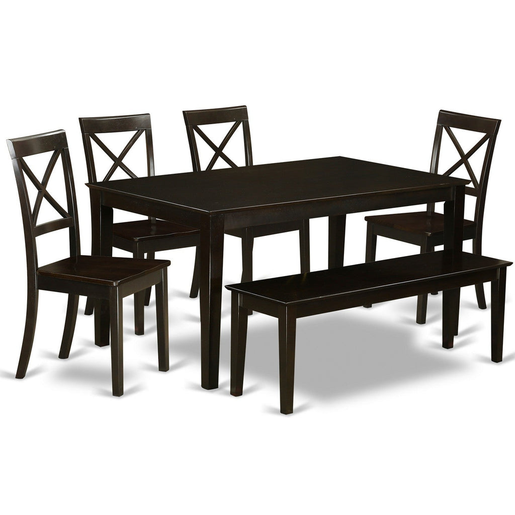 East West Furniture CABO6S-CAP-W 6 Piece Dining Room Furniture Set Contains a Rectangle Kitchen Table and 4 Dining Chairs with a Bench