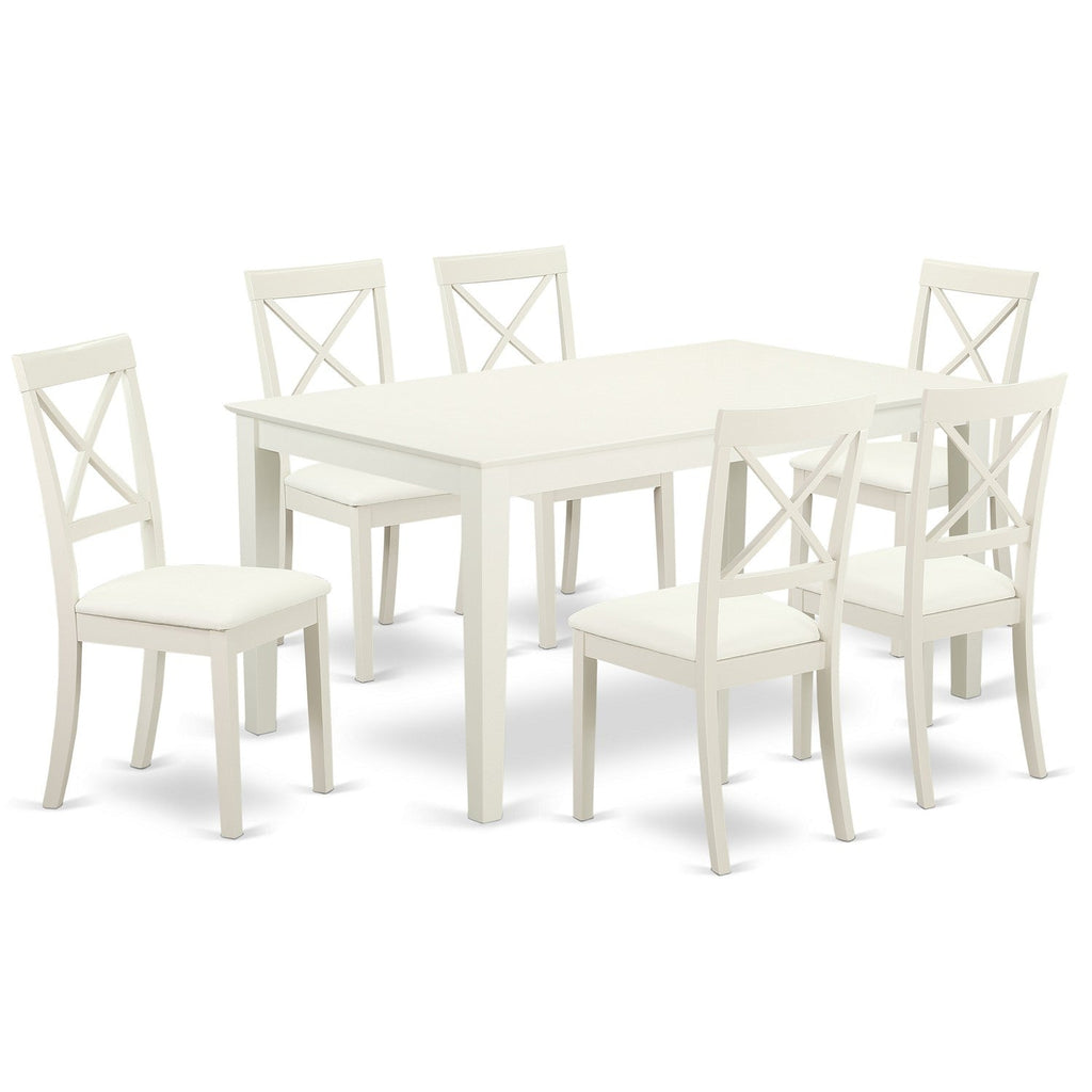 East West Furniture CABO7-LWH-LC 7 Piece Dining Set Consist of a Rectangle Dinner Table and 6 Faux Leather Kitchen Dining Chairs, 36x60 Inch, Linen White