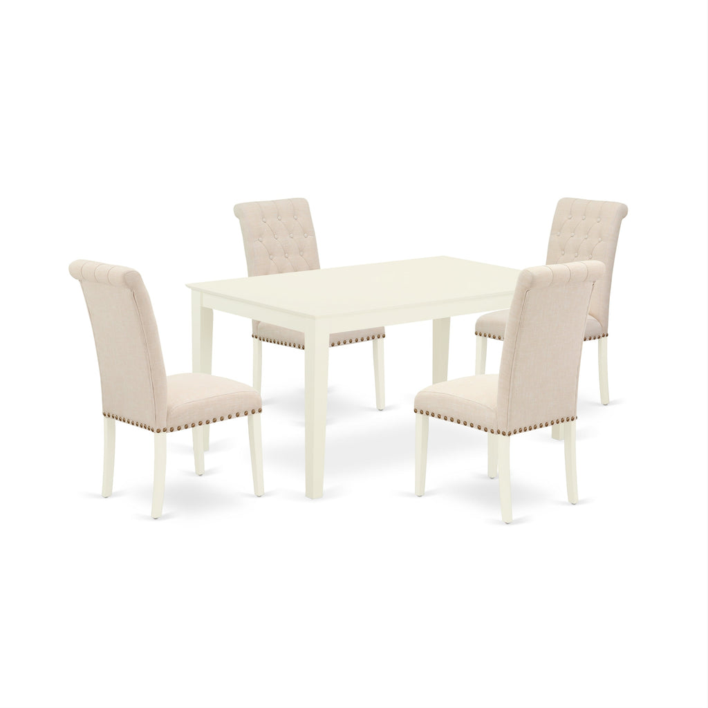 East West Furniture CABR5-LWH-02 5 Piece Dinette Set for 4 Includes a Rectangle Dining Room Table and 4 Light Beige Linen Fabric Upholstered Parson Chairs