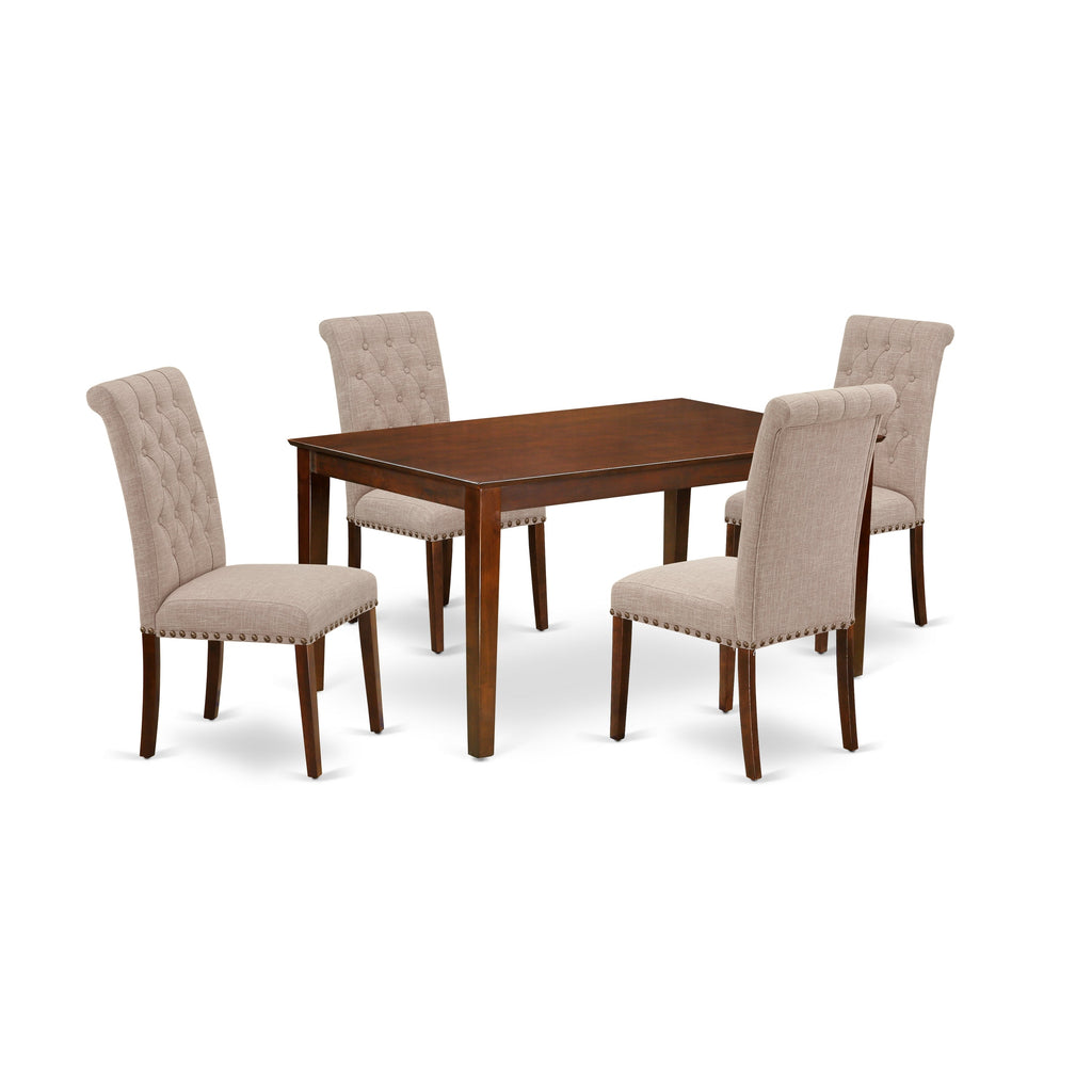 East West Furniture CABR5-MAH-04 5 Piece Dining Room Table Set Includes a Rectangle Kitchen Table and 4 Light Tan Linen Fabric Parson Dining Chairs, 36x60 Inch, Mahogany