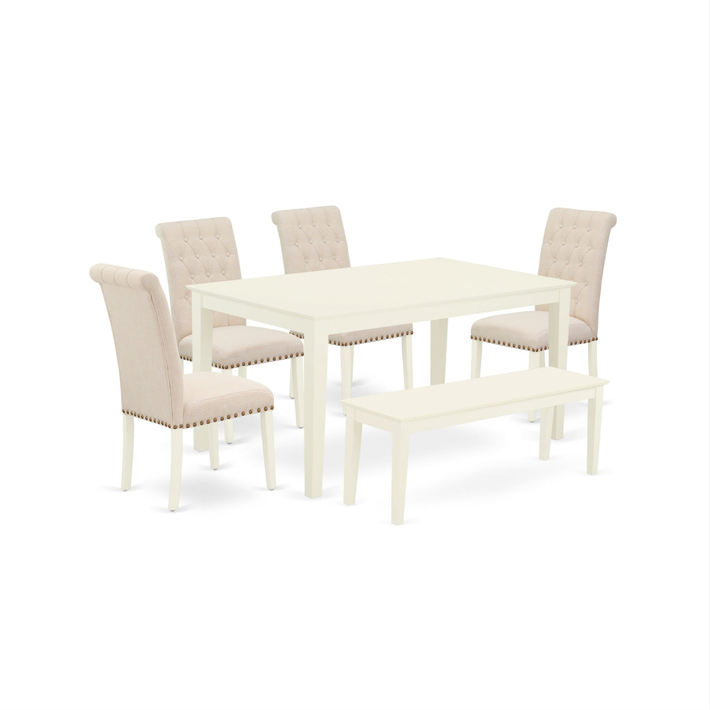 Juego de mesa de comedor East West Furniture CABR6-LWH-02 de 6 piezas que incluye una mesa de cocina rectangular y 4 sillas tapizadas en tela de lino beige claro con un banco