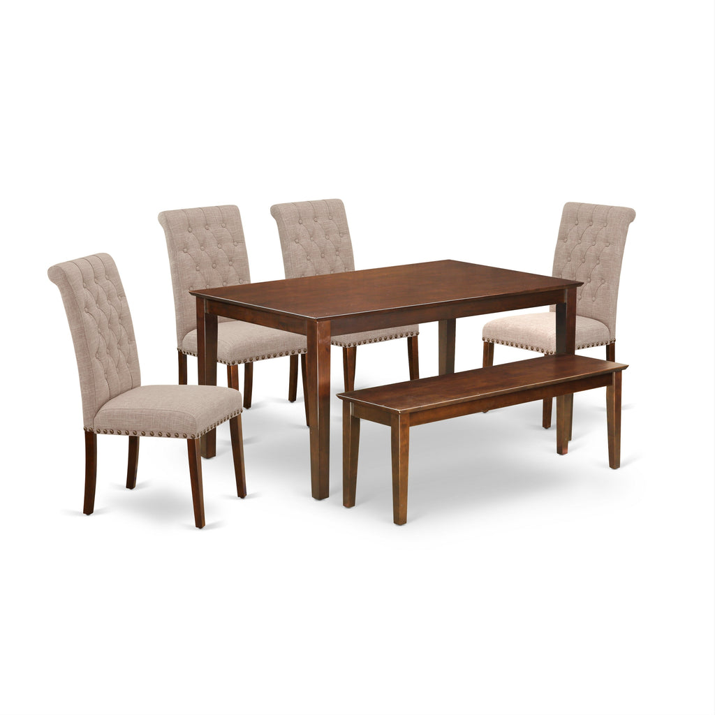 East West Furniture CABR6-MAH-04 6 Piece Kitchen Table Set Contains a Rectangle Dining Room Table and 4 Light Tan Linen Fabric Upholstered Chairs with a Bench, 36x60 Inch, Mahogany