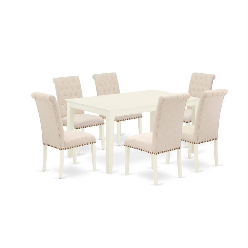 Juego de mesa de comedor East West Furniture CABR7-LWH-02 de 7 piezas compuesto por una mesa de cocina rectangular y 6 sillas de comedor Parson de tela de lino beige claro.