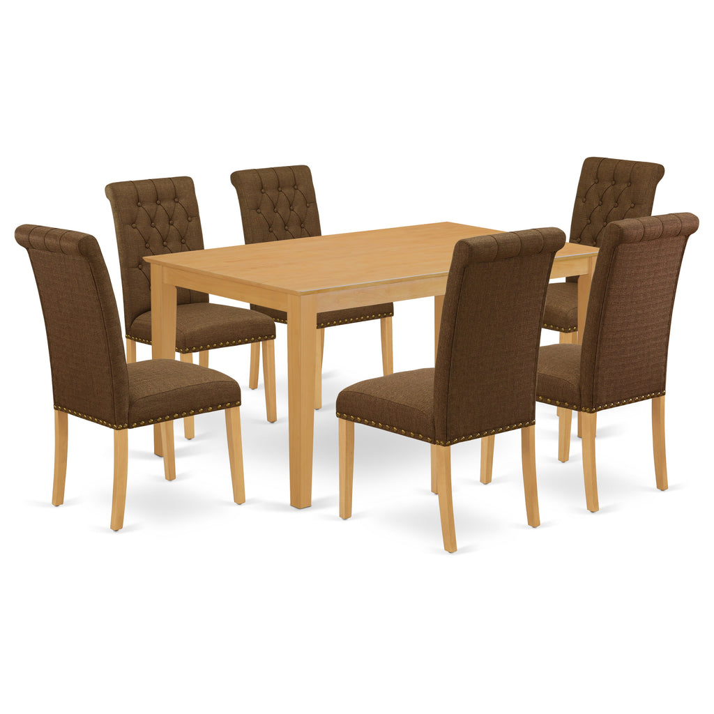 Juego de mesa de comedor East West Furniture CABR7-OAK-18 de 7 piezas compuesto por una mesa de cocina rectangular y 6 sillas de comedor Parson de tela de lino marrón.