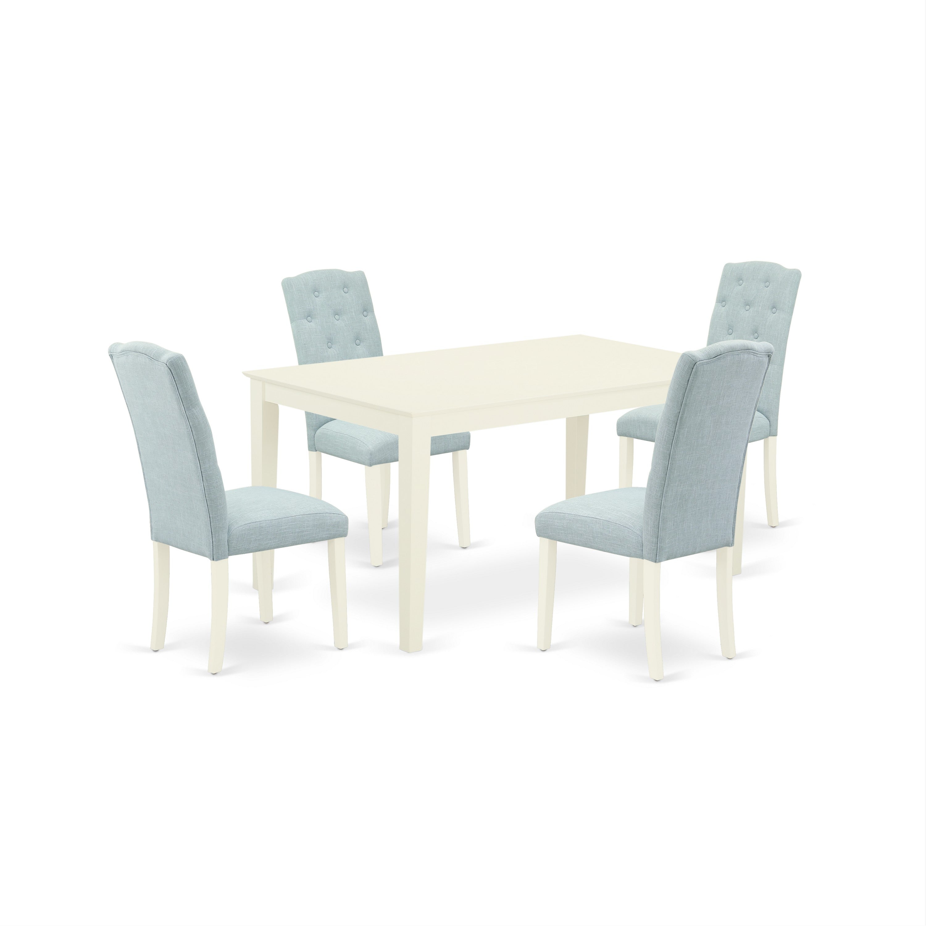 Juego de comedor de 5 piezas East West Furniture CACE5-LWH-15. Incluye una mesa de comedor rectangular y 4 sillas tapizadas en tela de lino azul bebé.
