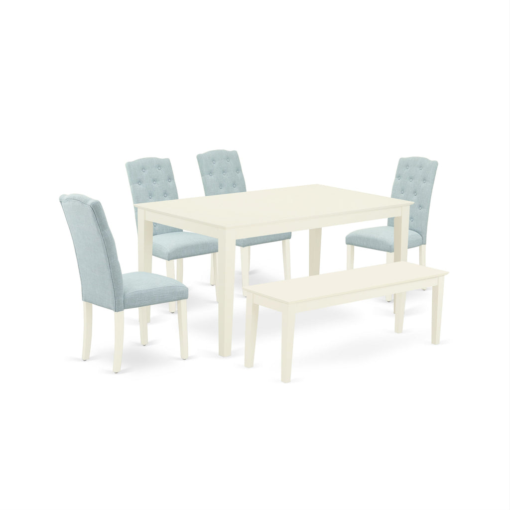 East West Furniture CACE6-LWH-15 6 Piece Dining Room Table Set Contains a Rectangle Kitchen Table and 4 Baby Blue Linen Fabric Parson Chairs with a Bench