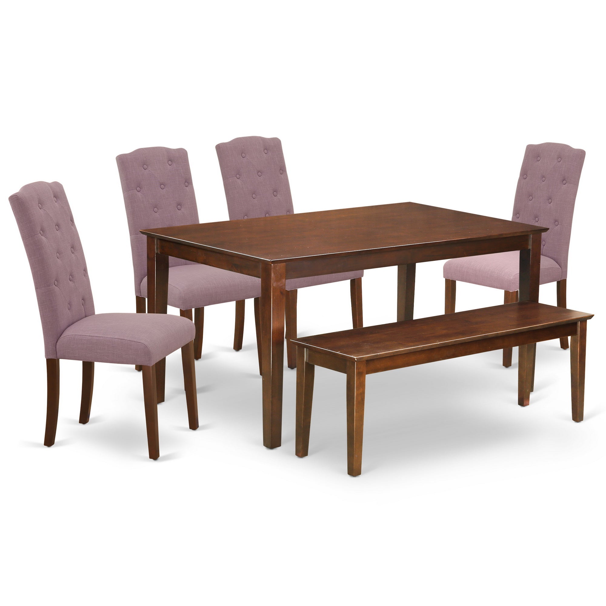 Juego de mesa de comedor de 6 piezas East West Furniture CACE6-MAH-10. Contiene una mesa de cocina rectangular y 4 sillas Parson de tela de lino Dahlia con un banco.