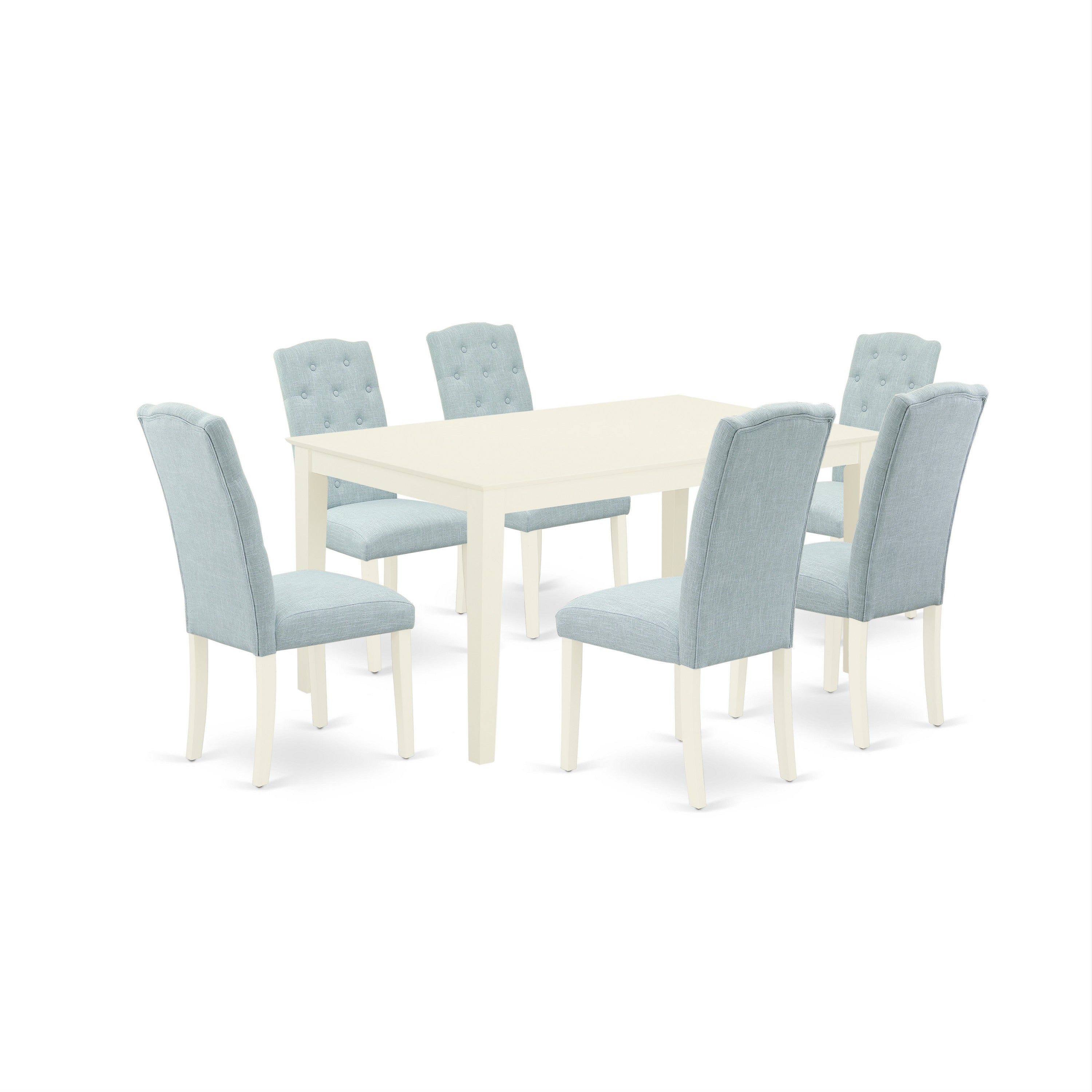 Juego de mesa y sillas de cocina East West Furniture CACE7-LWH-15 de 7 piezas. Incluye una mesa de comedor rectangular y 6 sillas de comedor Parsons de tela de lino azul bebé.