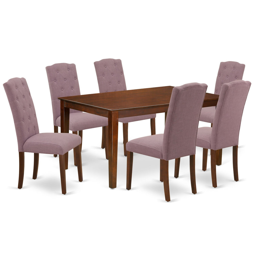 Juego de comedor de 7 piezas East West Furniture CACE7-MAH-10 compuesto por una mesa de comedor rectangular y 6 sillas tapizadas en tela de lino Dahlia.