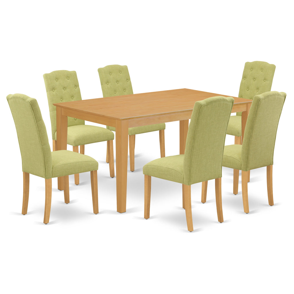 Juego de comedor de 7 piezas East West Furniture CACE7-OAK-07 compuesto por una mesa de comedor rectangular y 6 sillas tapizadas en tela de lino Limelight.