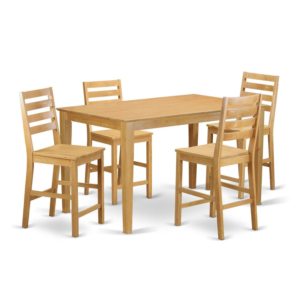 Juego de mesa de comedor de 5 piezas East West Furniture CACF5H-OAK-W con altura de mostrador para cocina. Incluye una mesa de comedor rectangular y 4 sillas con asiento de madera.