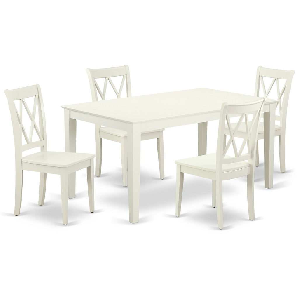 Juego de mesa de cocina de 5 piezas East West Furniture CACL5-LWH-W para 4 personas. Incluye una mesa de comedor rectangular y 4 sillas de madera maciza.