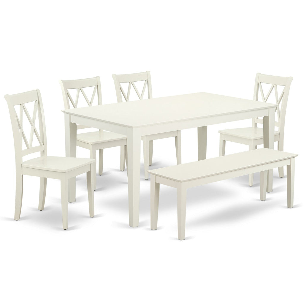 Juego de mesa de cocina de 6 piezas East West Furniture CACL6-LWH-W. Contiene una mesa de comedor rectangular y 4 sillas de comedor con un banco.