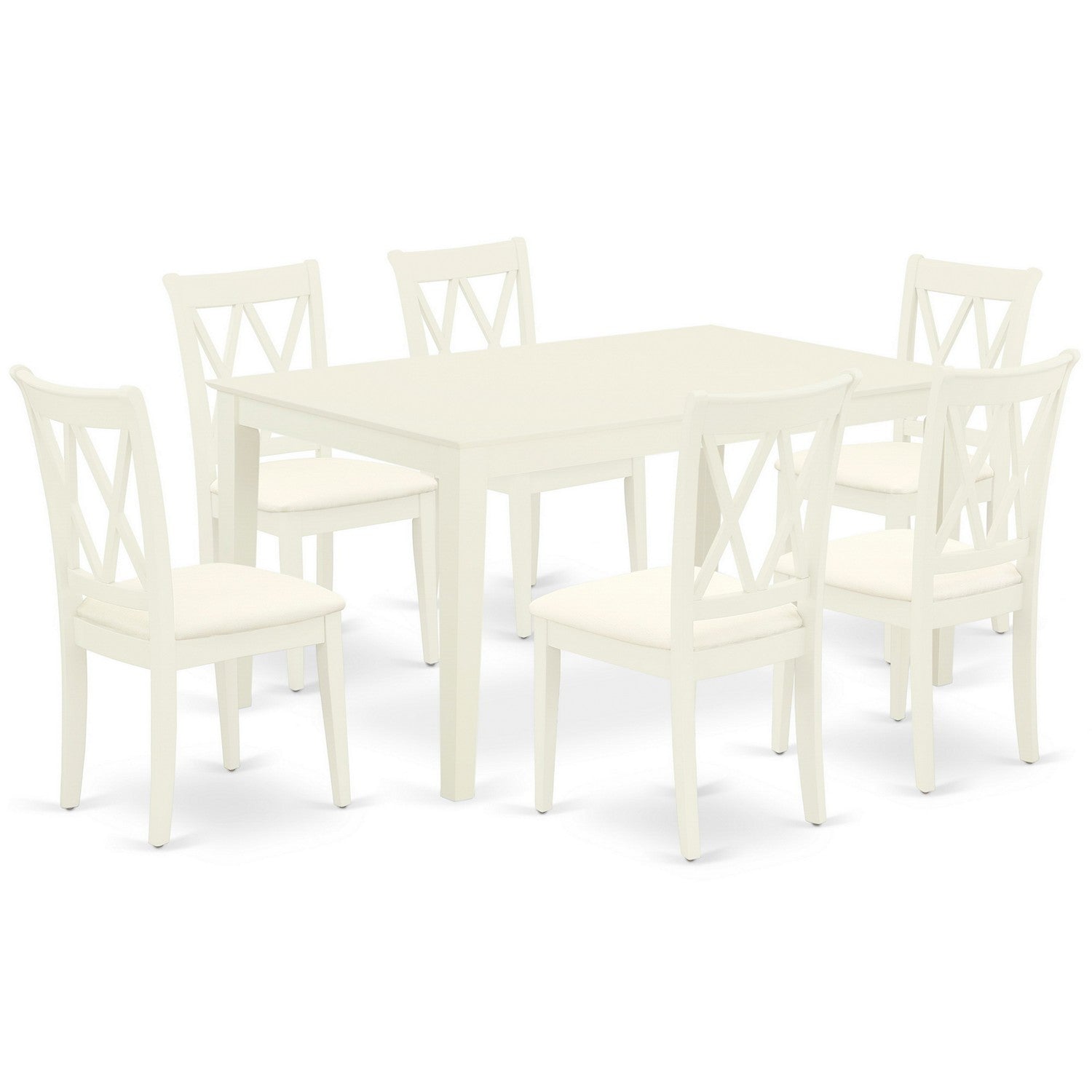CACL7-LWH-C 7Pc Dinette Set Includes a Rectangular Kitchen Table and Six Double X Back Linen seat Dining Chairs, Linen White Finish