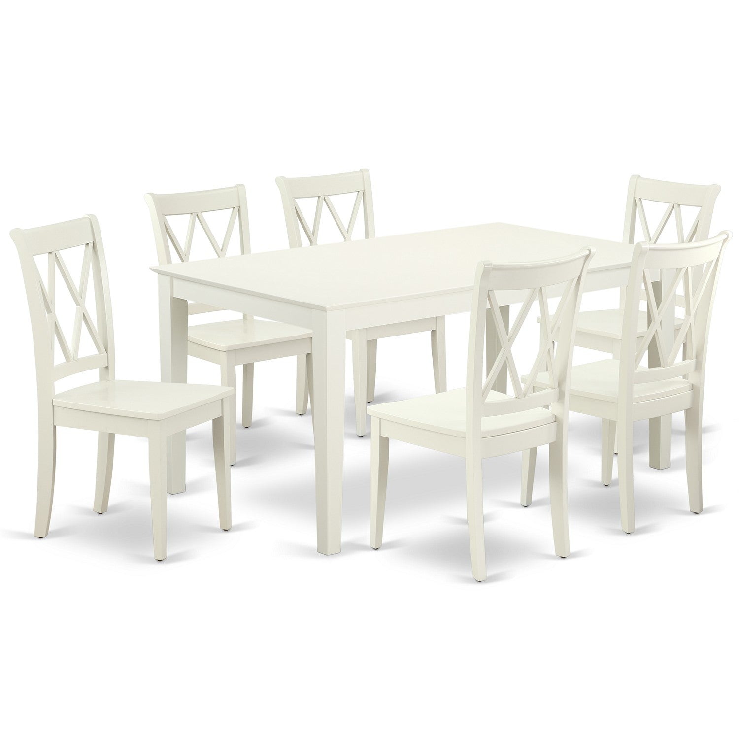 Juego de mesa de comedor de 7 piezas East West Furniture CACL7-LWH-W compuesto por una mesa rectangular de madera y 6 sillas de comedor.