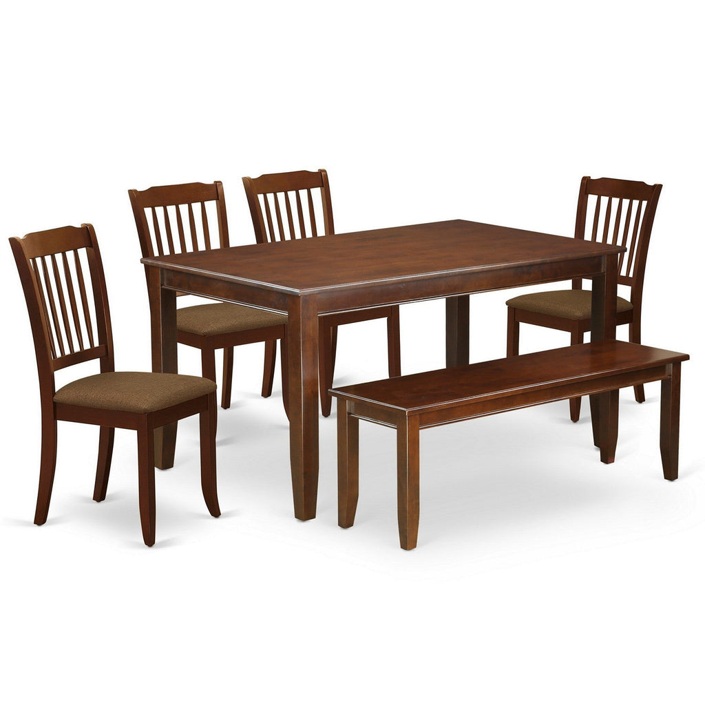 Juego de muebles de comedor de 6 piezas East West Furniture CADA6-MAH-C. Contiene una mesa de cocina rectangular y 4 sillas de comedor de tela de lino con un banco.