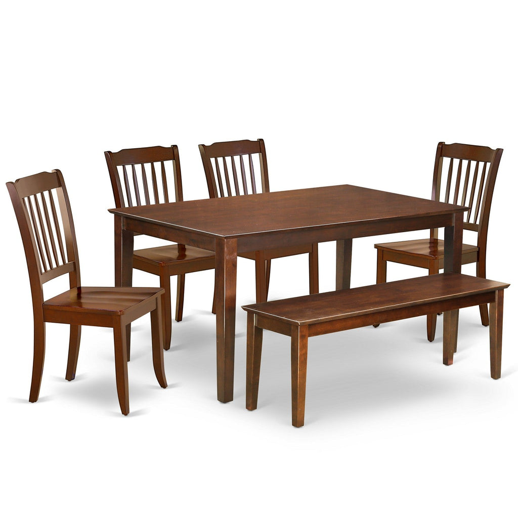 Juego de muebles de comedor de 6 piezas East West Furniture CADA6-MAH-W. Contiene una mesa de cocina rectangular y 4 sillas de comedor con un banco.