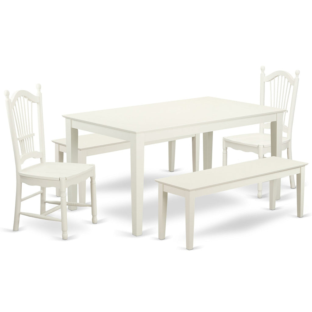 Juego de comedor de 5 piezas East West Furniture CADO5C-LWH-W para 4 personas. Incluye una mesa de comedor rectangular y 2 sillas de comedor con 2 bancos.