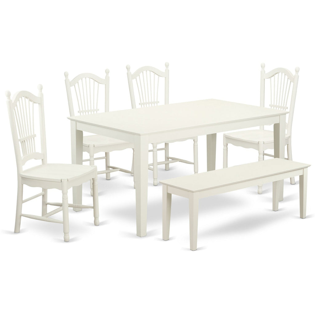 Juego de mesa de comedor moderna de 6 piezas East West Furniture CADO6-LWH-W. Contiene una mesa rectangular de madera y 4 sillas de madera con un banco.