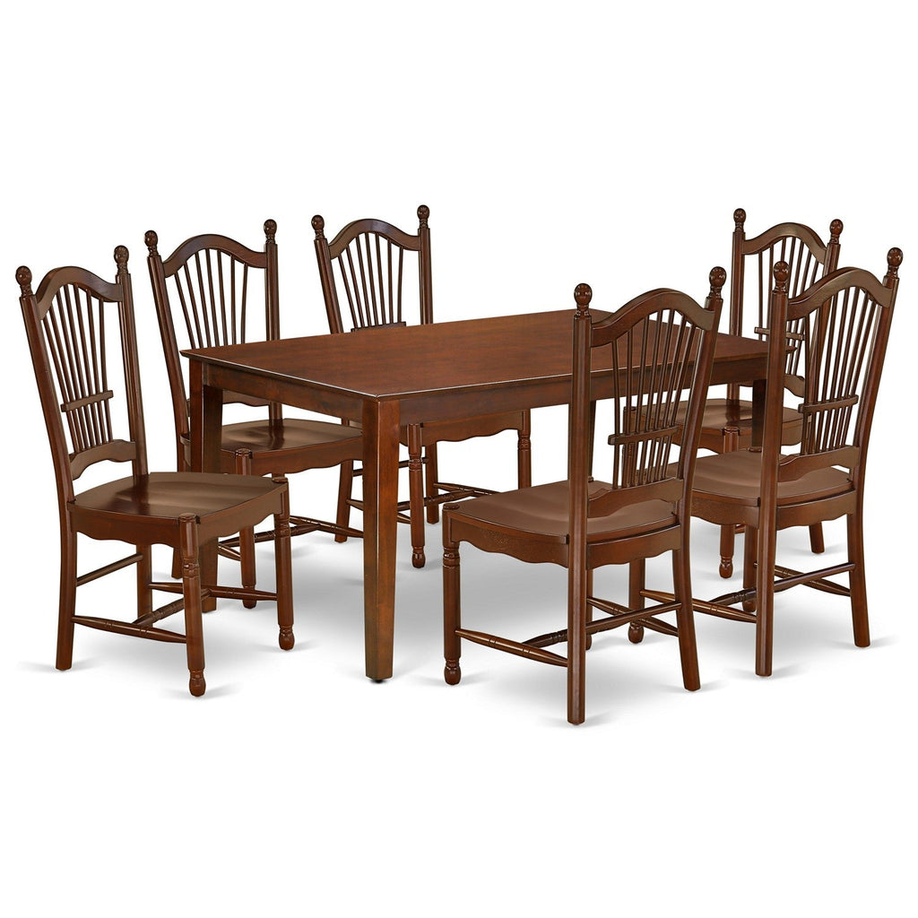 Juego de mesa de comedor de 7 piezas East West Furniture CADO7-MAH-W compuesto por una mesa rectangular de madera y 6 sillas de comedor.