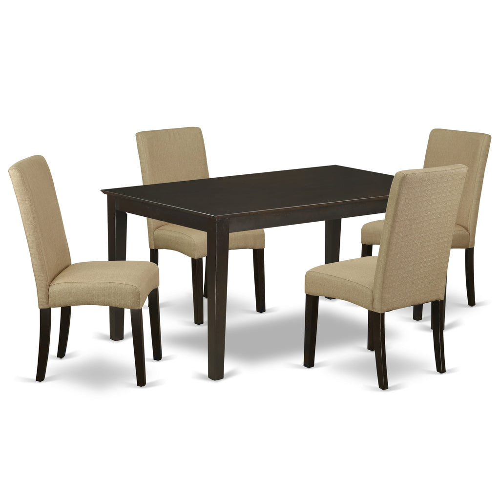 Juego de mesa de comedor moderna de 5 piezas East West Furniture CADR5-CAP-03. Incluye una mesa rectangular de madera y 4 sillas Parson tapizadas en tela de lino marrón.