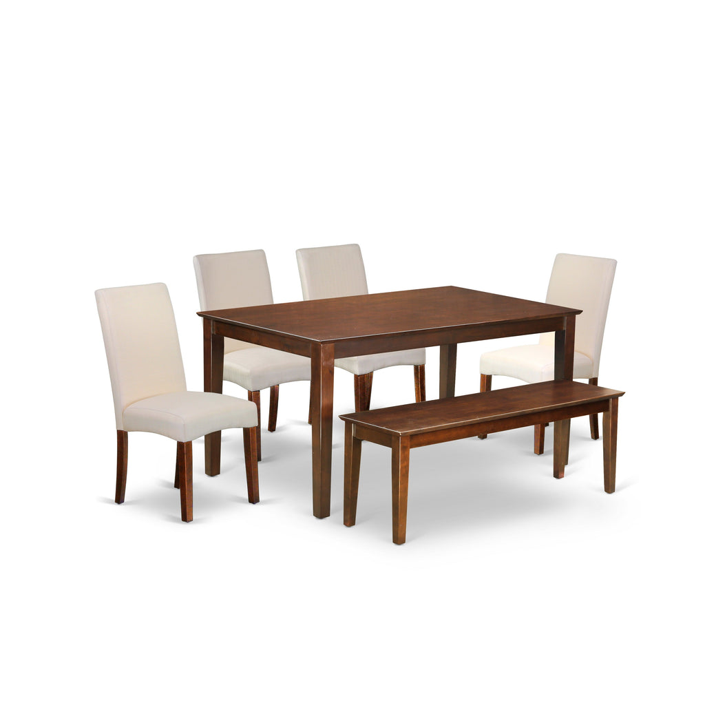 East West Furniture CADR6-MAH-01 6 Piece Kitchen Table & Chairs Set Contains a Rectangle Dining Room Table and 4 Cream Linen Fabric Parson Chairs with a Bench