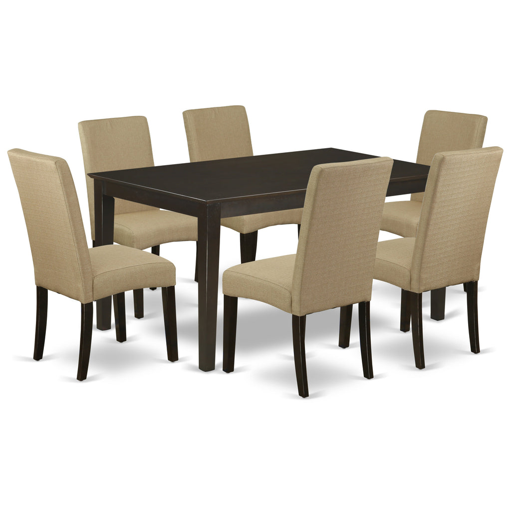 Juego de comedor de 7 piezas East West Furniture CADR7-CAP-03 compuesto por una mesa de comedor rectangular y 6 sillas Parson tapizadas en tela de lino marrón.
