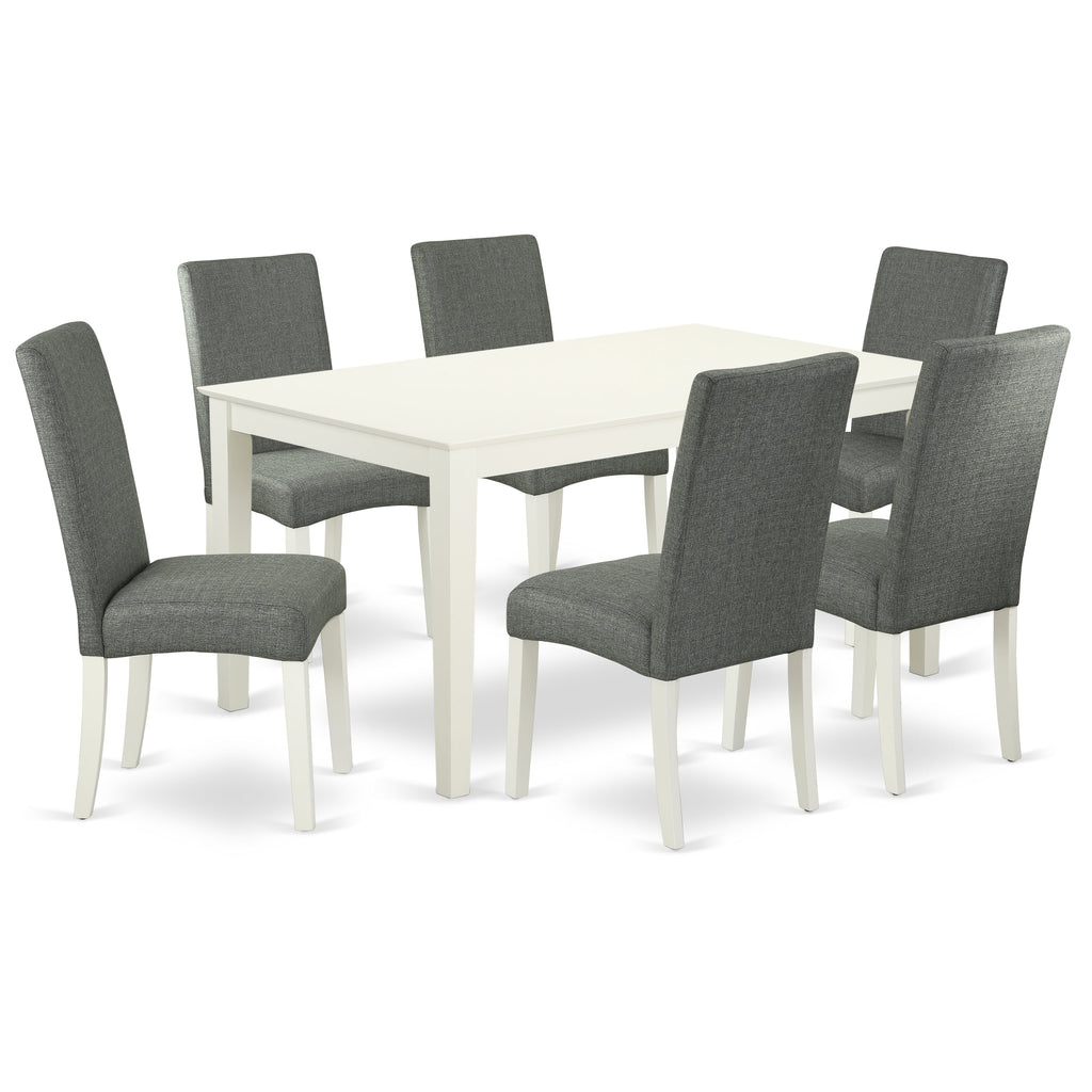 Juego de mesa de cocina de 7 piezas East West Furniture CADR7-LWH-07 compuesto por una mesa de comedor rectangular y 6 sillas de comedor Parson de tela de lino gris.