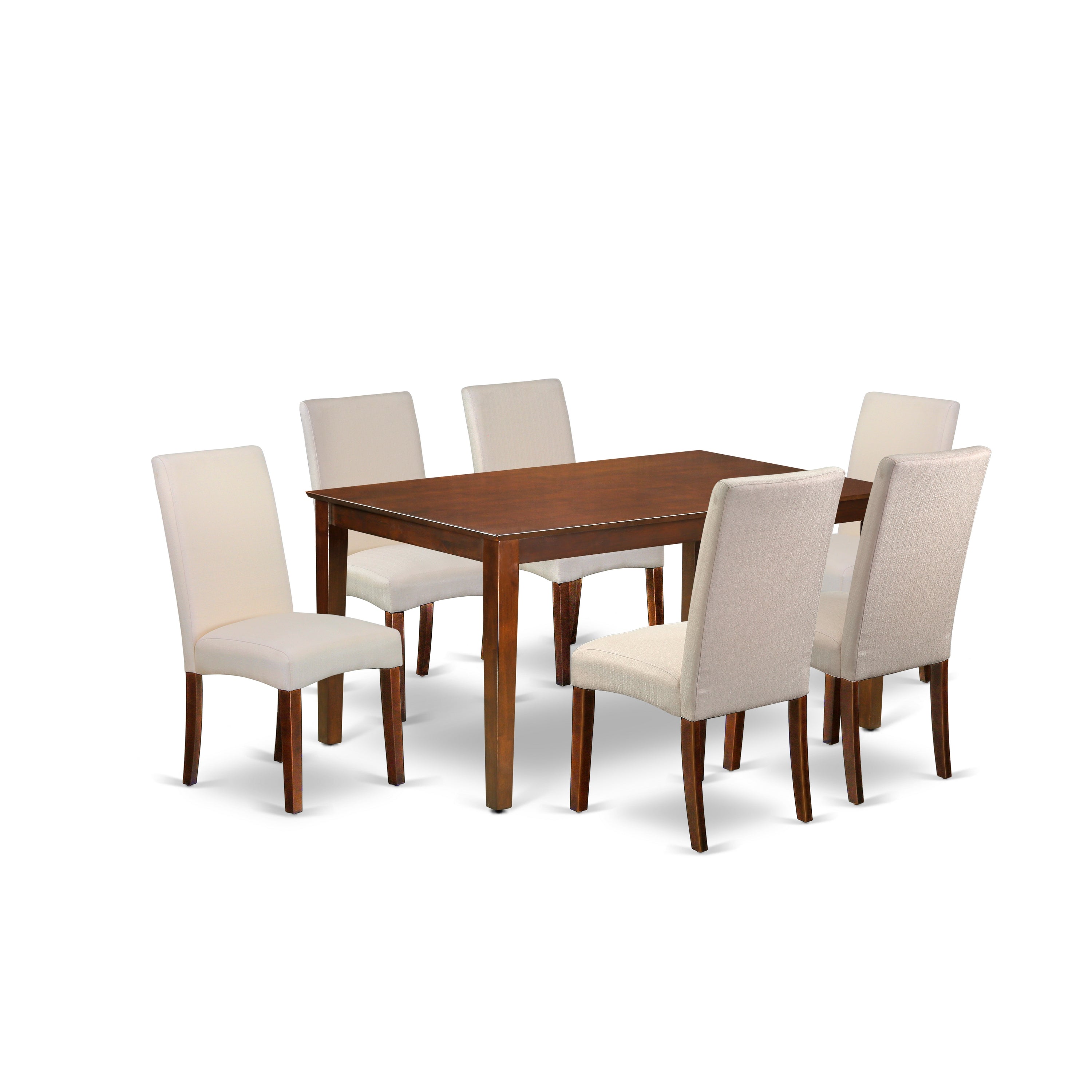 Juego de mesa de comedor East West Furniture CADR7-MAH-01 de 7 piezas compuesto por una mesa de cocina rectangular y 6 sillas de comedor Parson de tela de lino color crema.