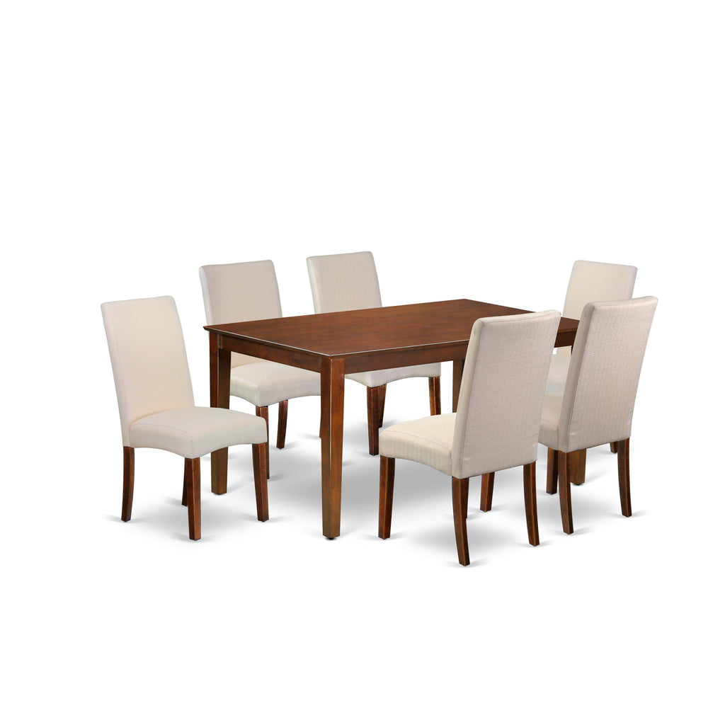 Juego de mesa de comedor East West Furniture CADR7-MAH-01 de 7 piezas compuesto por una mesa de cocina rectangular y 6 sillas de comedor Parson de tela de lino color crema.