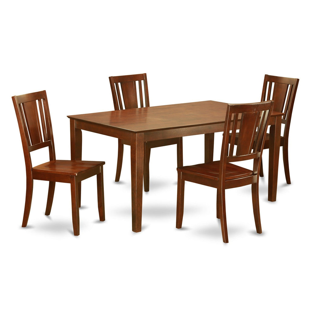Juego de mesa de comedor moderna de 5 piezas CADU5-MAH-W de East West Furniture. Incluye una mesa rectangular de madera y 4 sillas de comedor.